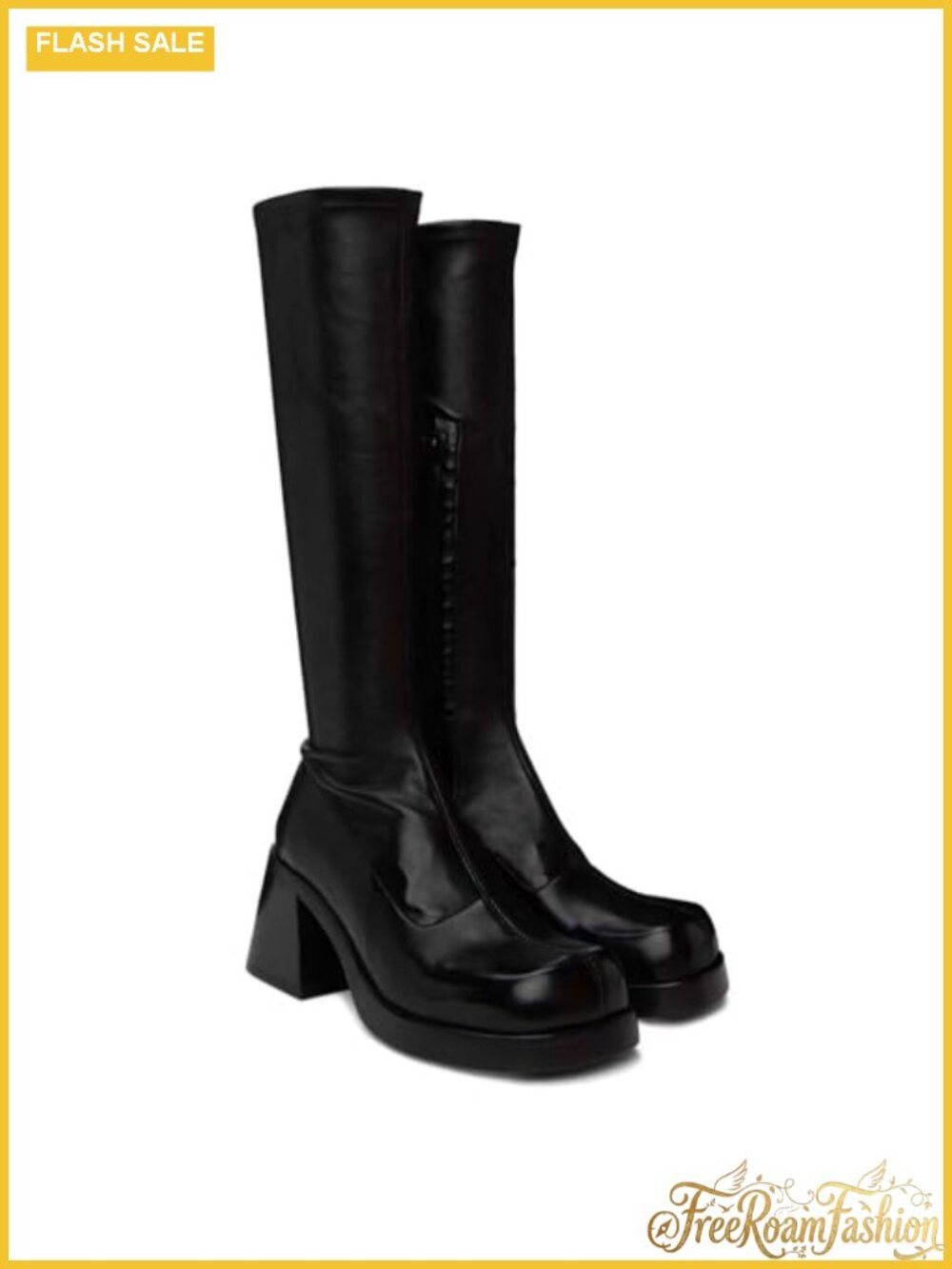 FIFSY Women's Stretchy Faux Leather Knee High Platform Boots Square Toe Zip